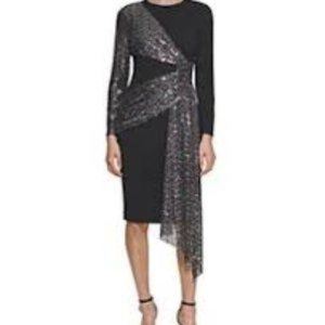Eliza J Long Sleeve Sequin Draped Sash Color Block Scuba Crepe Dress,size 4